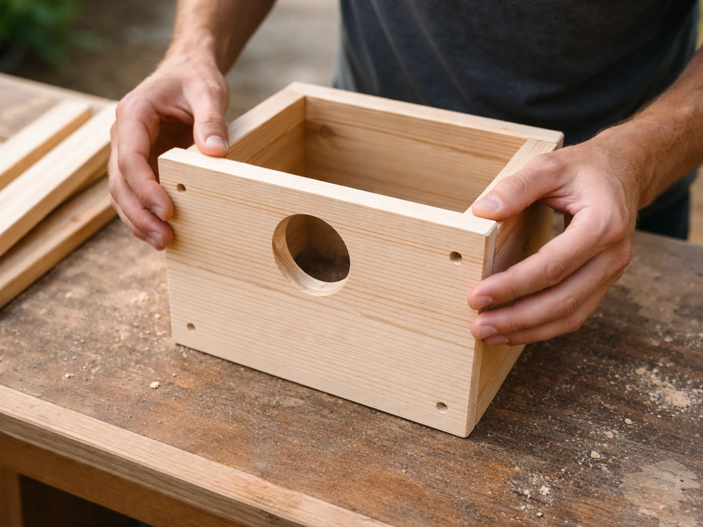 Hands align pre-drilled wooden box panels on a bench, with a front entrance hole visible.