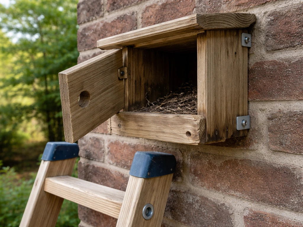 Wooden ladder and a slightly opened bird nest box on a brick wall for annual inspection.