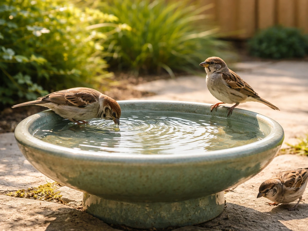 Shallow bird bath in a sunny backyard with small birds nearby as they drink