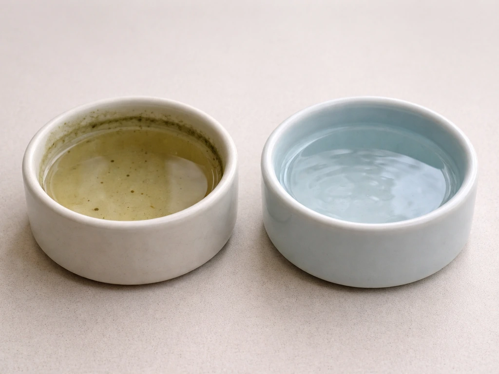 Algae-stained dirty bird water bowl beside a clean rinsed bowl with clear water.