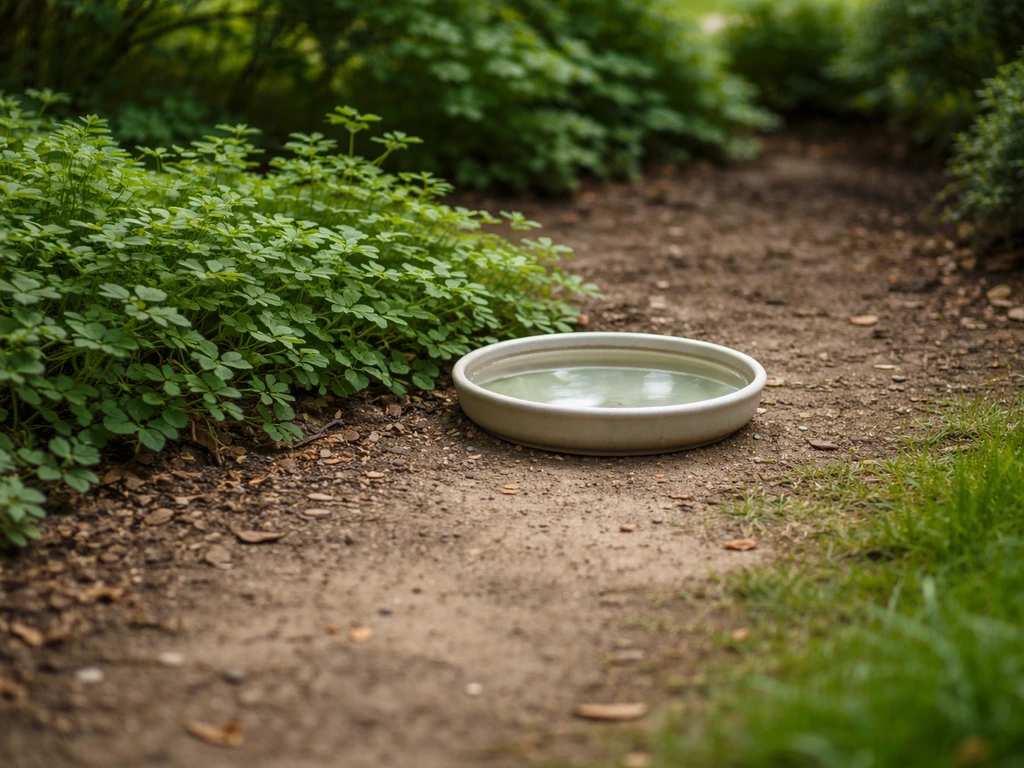 Shallow bird water dish on stable ground near low shrubs, with clear safe approach path.