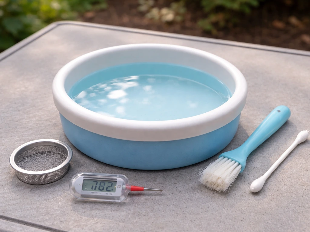 Clean bird water bowl with thermometer and small brush/cotton swab for maintenance, outdoors close-up.