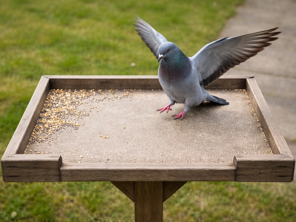 Top-down view of a pigeon landing on a flat bird table tray near open edges to feed.
