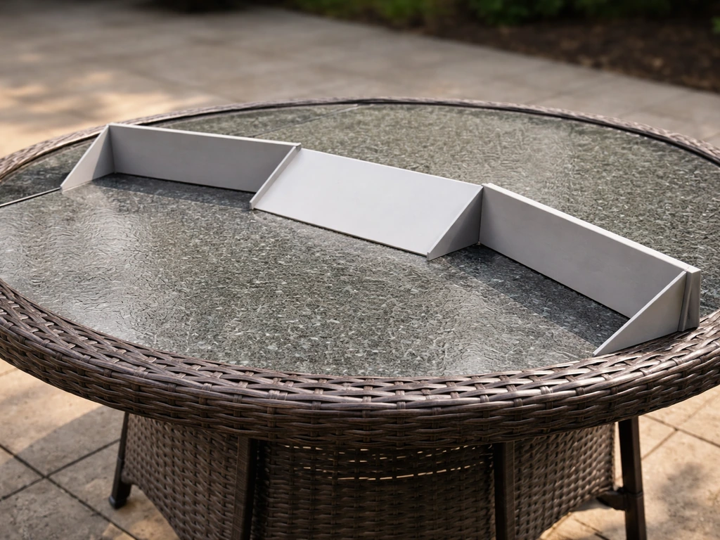Existing patio table with angled and sloped metal barrier inserts installed to prevent landing.