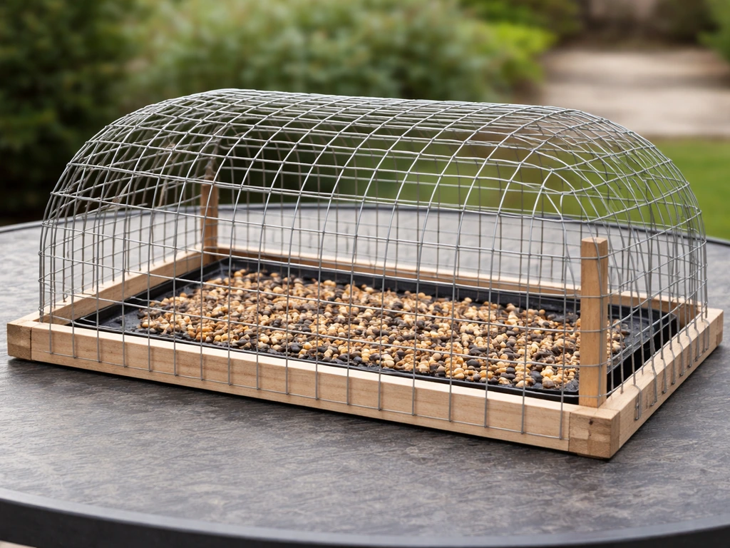 Rectangular wire mesh cage guard fitted around a bird feeding tray, blocking pigeons with small gaps.