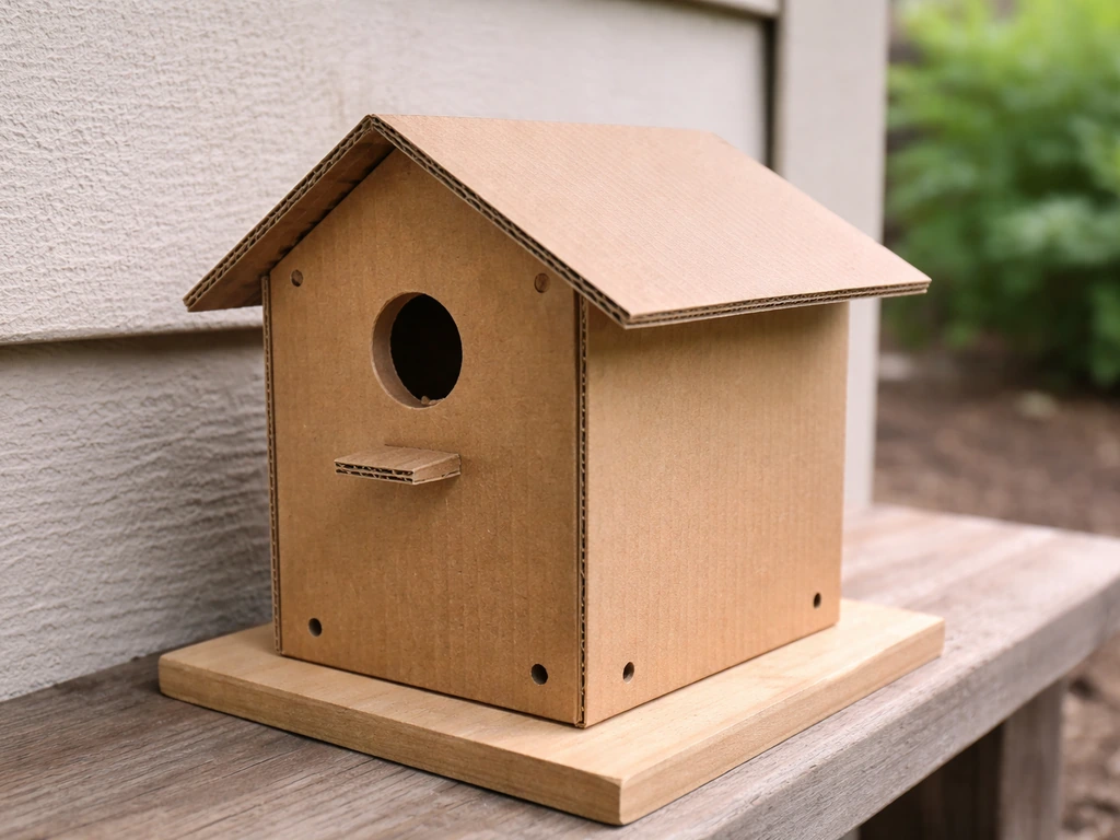 Finished cardboard bird house outdoors with an entry hole, roof overhang, and small ventilation/drainage openings.