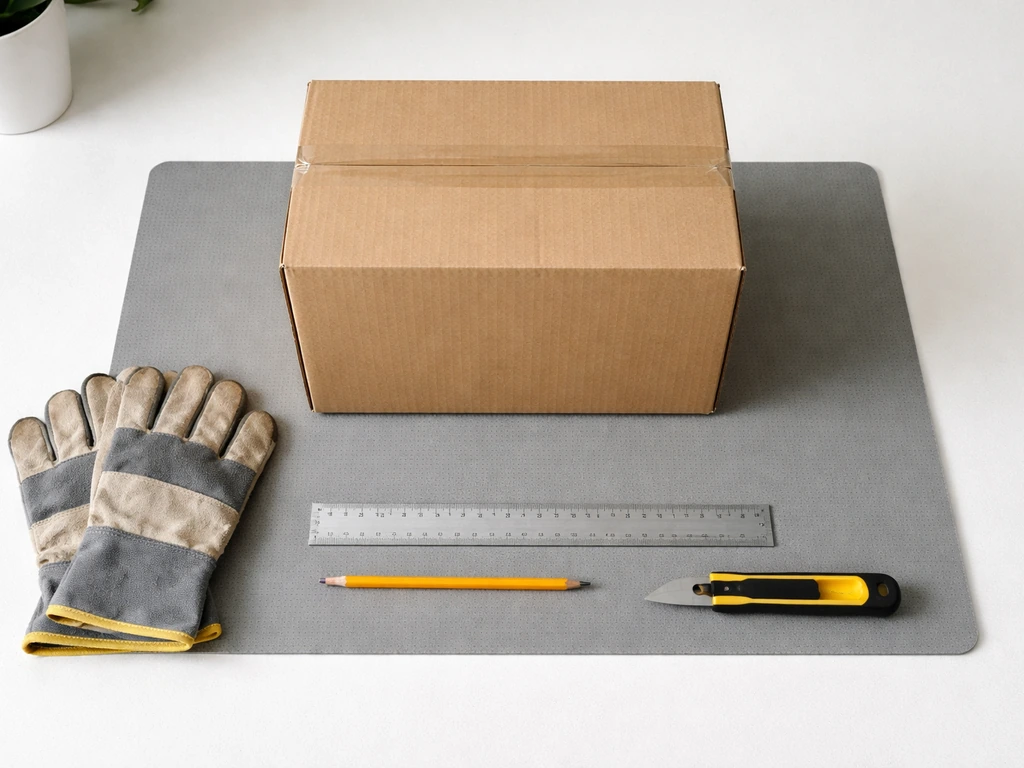 Double-walled corrugated cardboard box on a clean surface with gloves, ruler, pencil, and safety knife.