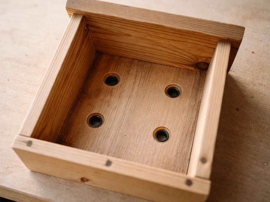 Downward view of a birdhouse floor showing several round drainage holes near the bottom