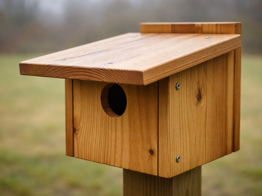 Side-front corner close-up of a wooden bluebird nest box with a protective roof overhang, dry and rain-ready.