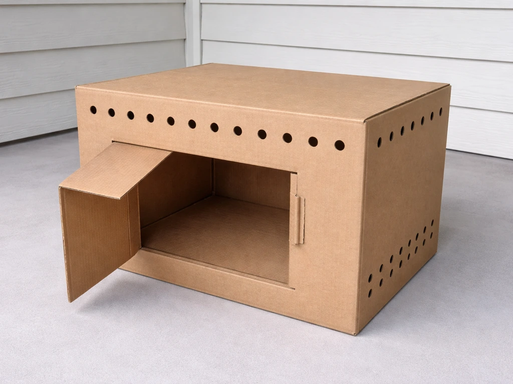 Completed cardboard bird enclosure with ventilation holes and a clear side access flap, set on a porch floor.