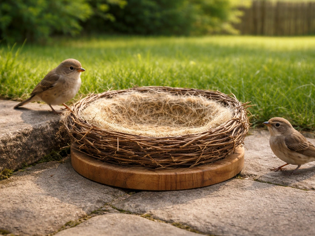Finished DIY bird bed with a small nest cup platform in a quiet backyard yard