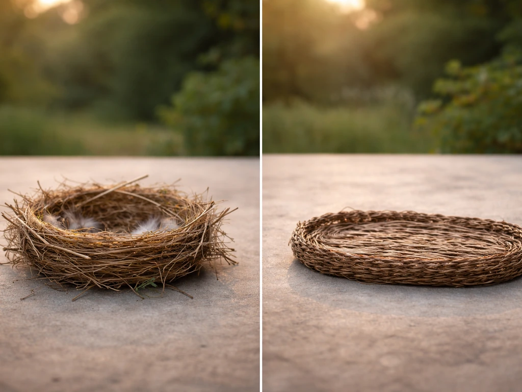Side-by-side view of a woven cup-style nest bed and a flat resting platform made for backyard birds.