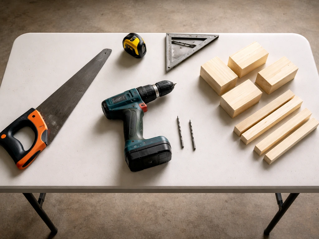 Overhead view of woodworking tools—cordless drill, bits, handsaw, tape measure—on a folding table.