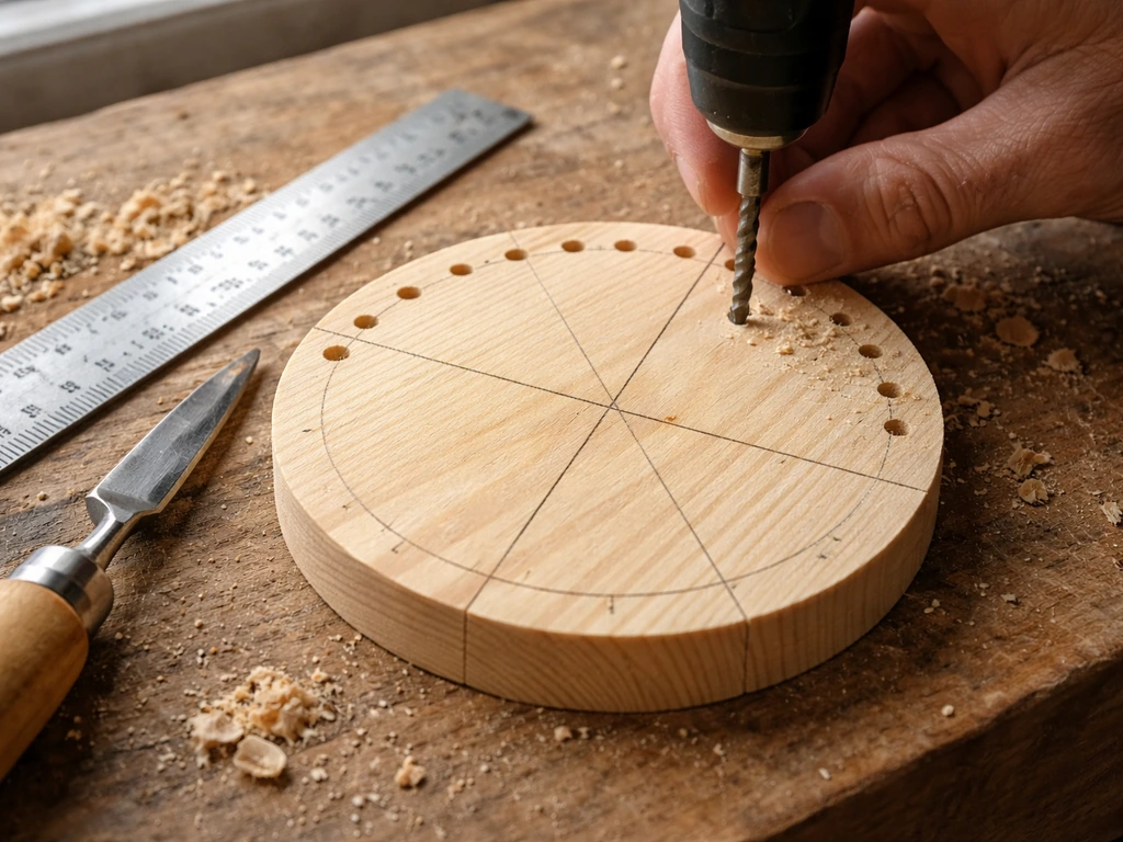 Close-up of a pine board being cut to cup nest dimensions with a drill creating ventilation holes