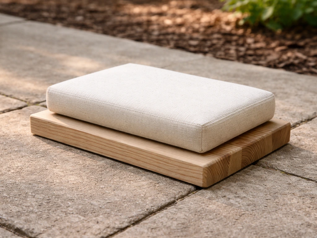 Finished padded lounge-style bird resting platform on a patio outdoors, showing stable base and cushion.