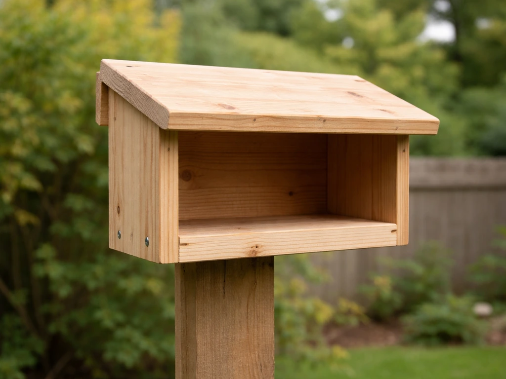 Wood robin bird house with sloped roof overhang mounted on a post in a garden yard.