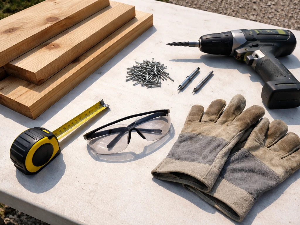 Rough-cut cedar pieces, screws, drill bits, measuring tape, and safety gear on a workbench.