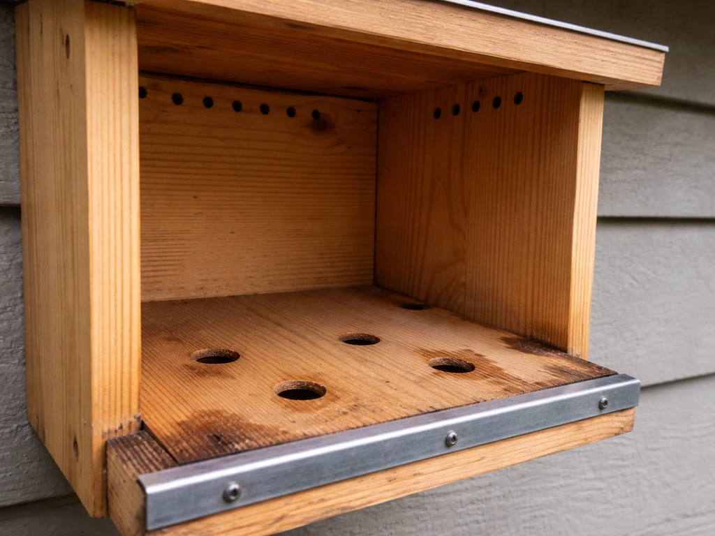 Close-up of an open-front bird nest box showing floor drainage holes and high side ventilation openings