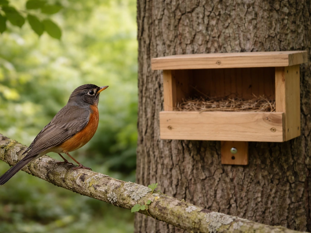 A robin perched beside a newly mounted bird shelf box as it investigates the site