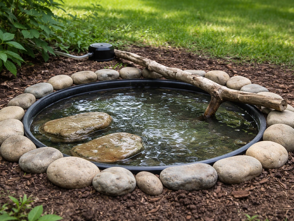 Shallow DIY bird pond in a backyard with smooth rim stones and a small perch branch over the water.