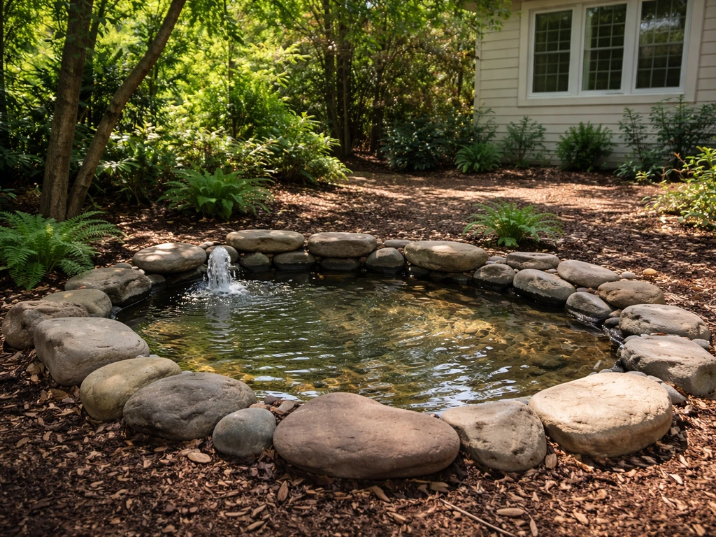 Small backyard bird pond in partial shade with a clear buffer from nearby windows