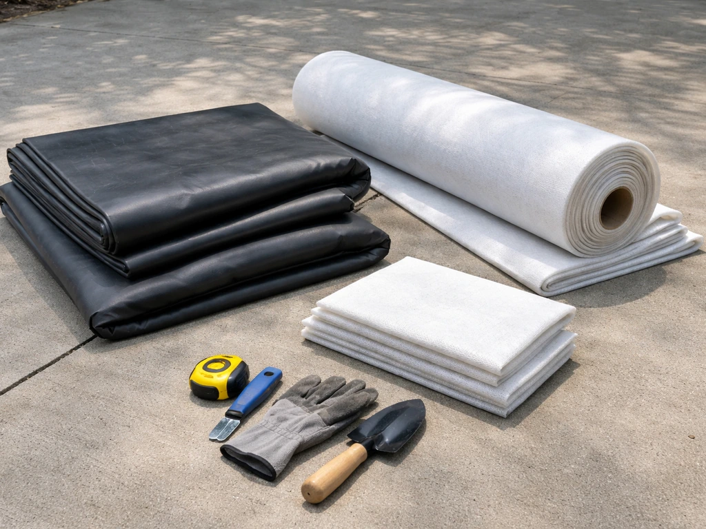 DIY liner pond supplies laid out: EPDM liner, geotextile underlayment, and basic tools on a driveway