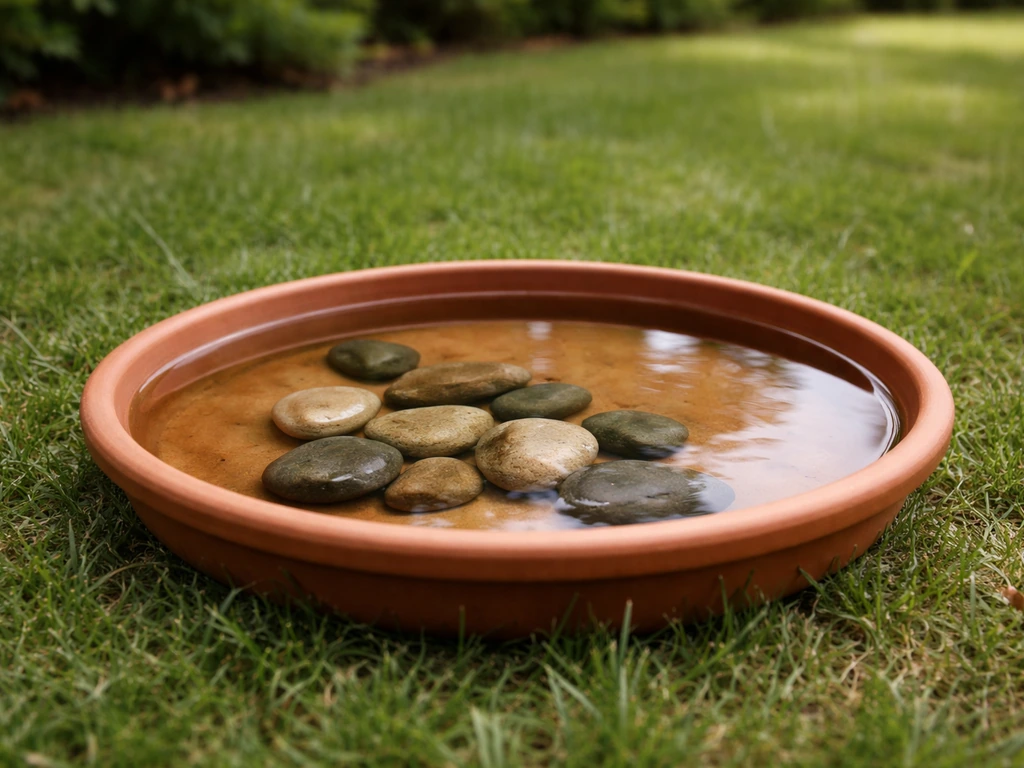 Wide shallow terracotta birdbath-style basin with a few smooth rocks on grass outdoors