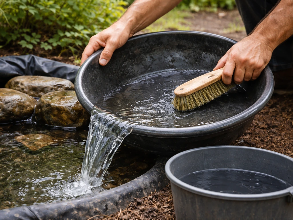 Gardener empties a small outdoor bird pond basin and scrubs rocks with a stiff brush in daylight.