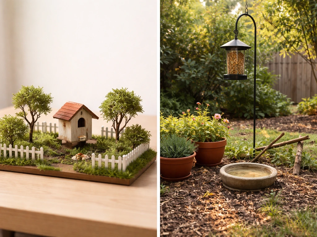 Split view of a small tabletop bird sanctuary model next to a real backyard bird feeding area.