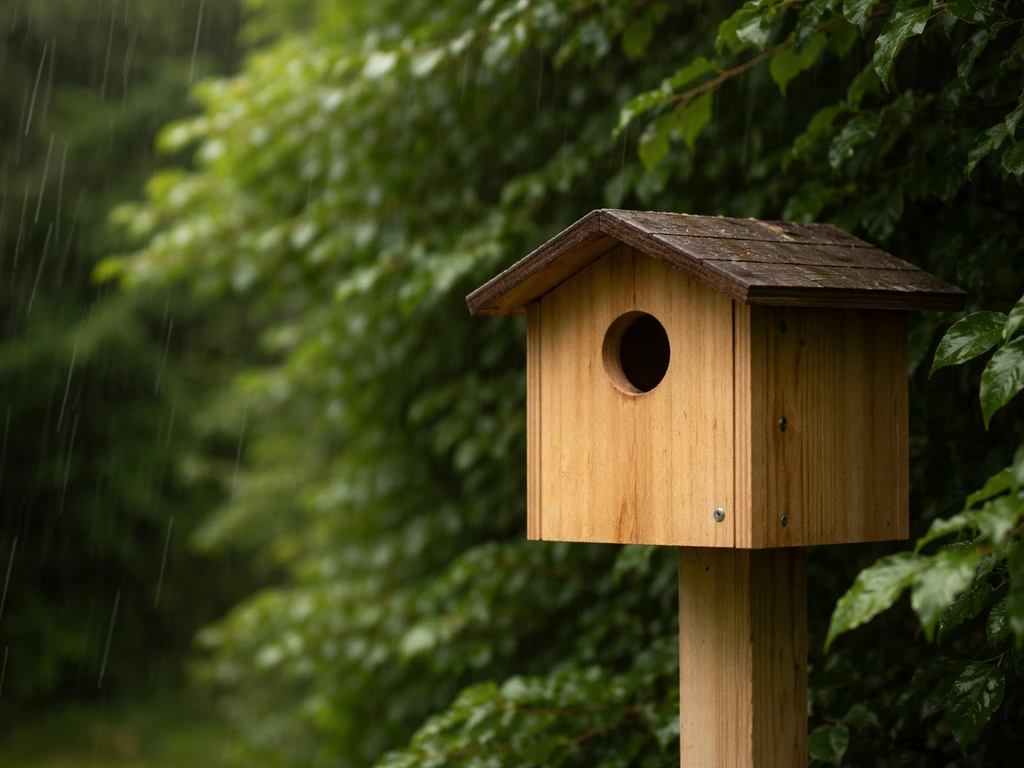 Close-up of a bird nest box entrance beside hedges, placed to avoid wind and driving rain.