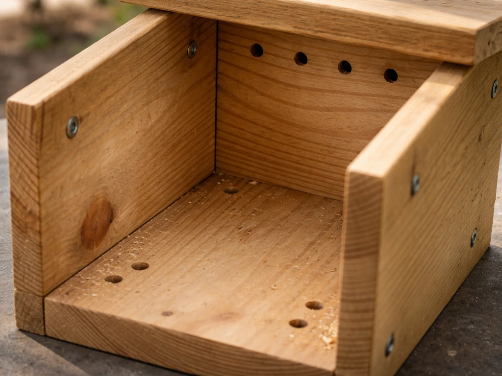 Close-up of a wooden shelter showing small top ventilation holes and floor drainage holes.
