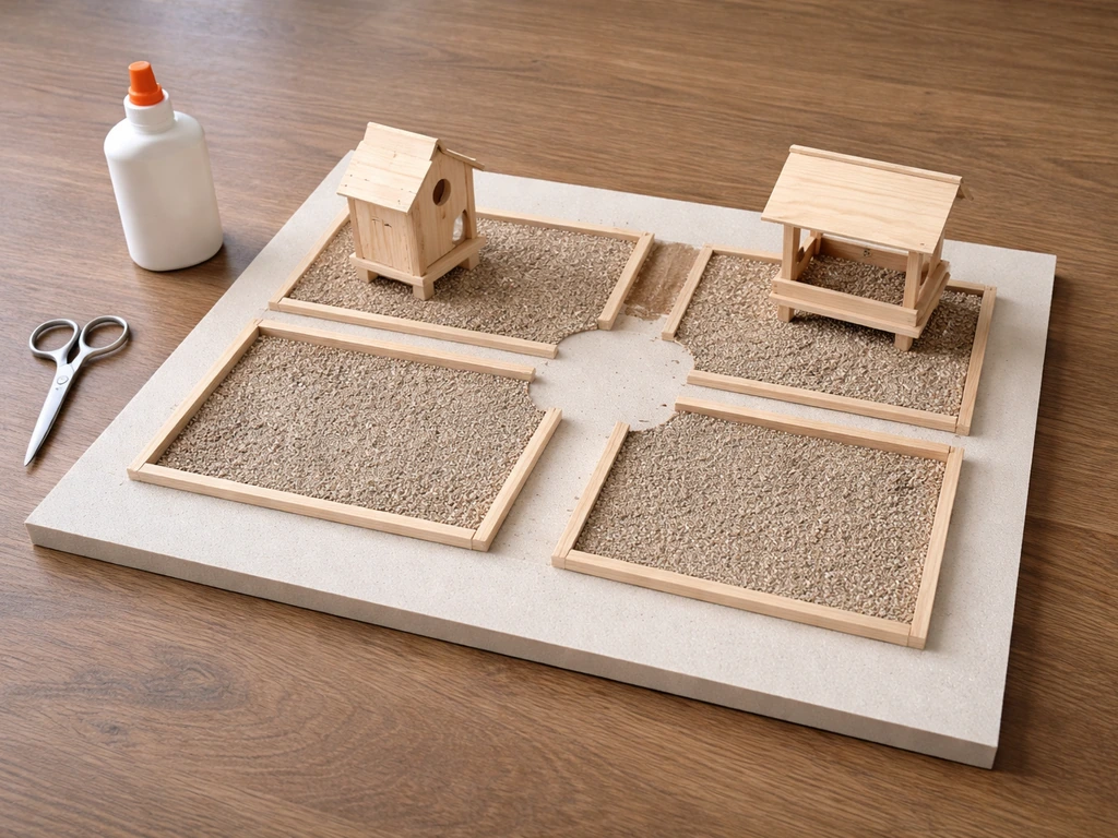 Foam board base with attached balsa nest box and feeder structures for a scaled display model.