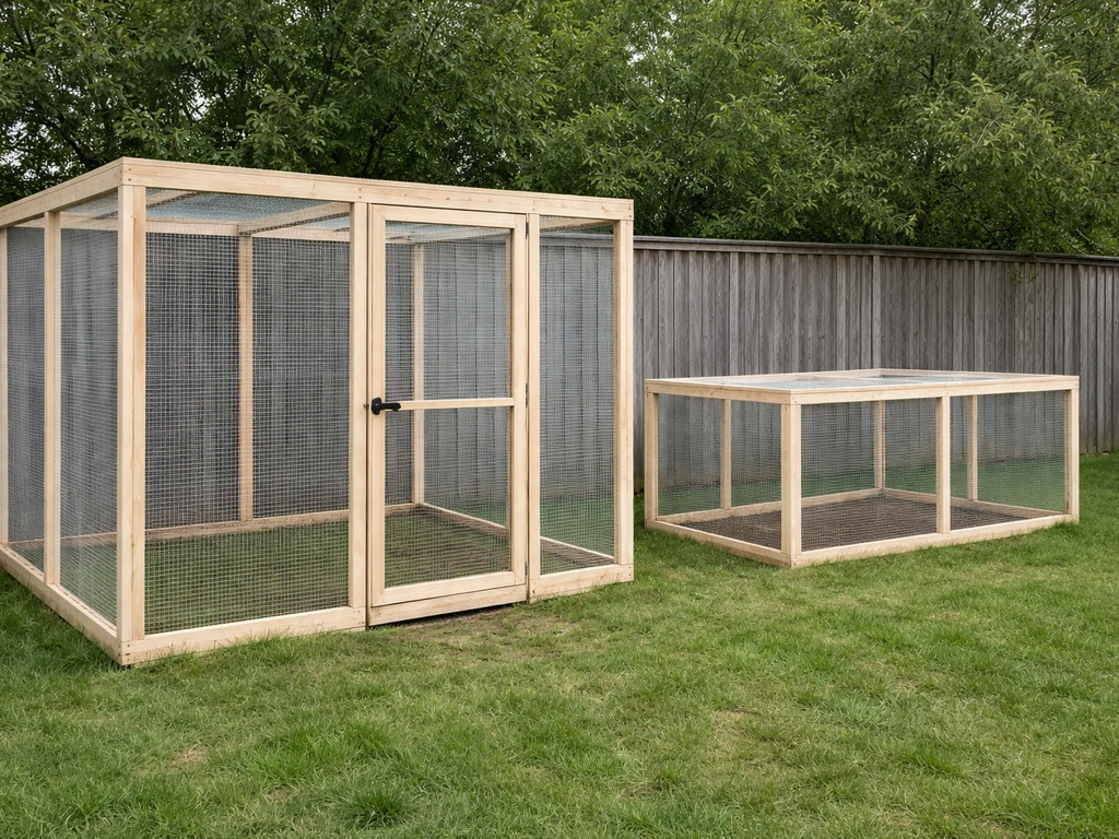 Backyard outdoor aviary frames: a walk-in run and a smaller enclosure with wood posts and wire mesh