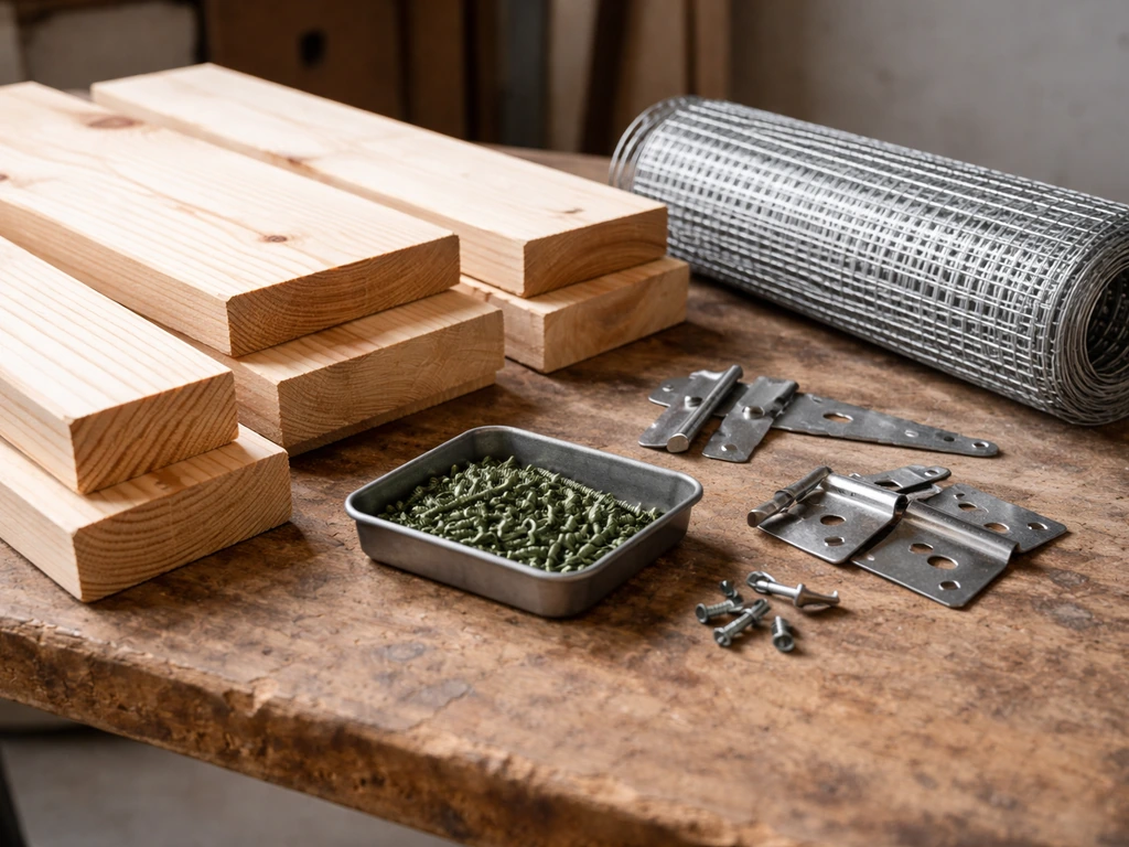 Untreated wood boards, exterior screws, hinges, latch, and hardware cloth laid out on a workbench.