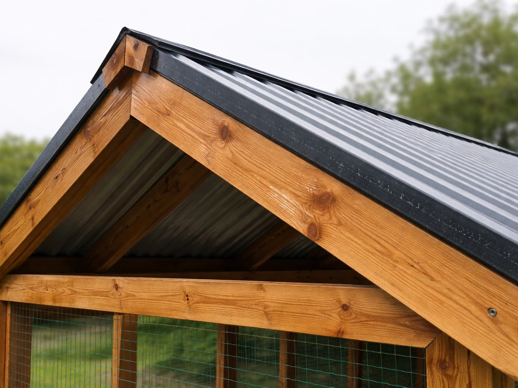 Pitched-roof timber framework with installed roofing and sealed exterior wood surfaces outdoors