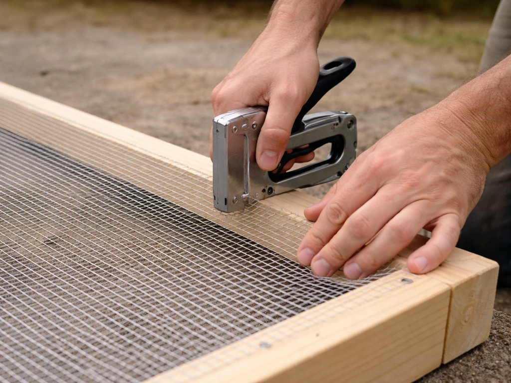 Hardware cloth mesh stretched and stapled onto a wooden frame with a heavy-duty staple gun.