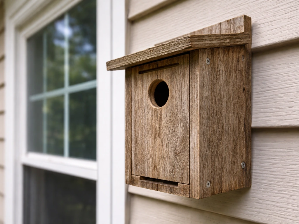 Weathered cedar DIY window bird house mounted beside a window, entrance and ventilation/drainage visible.