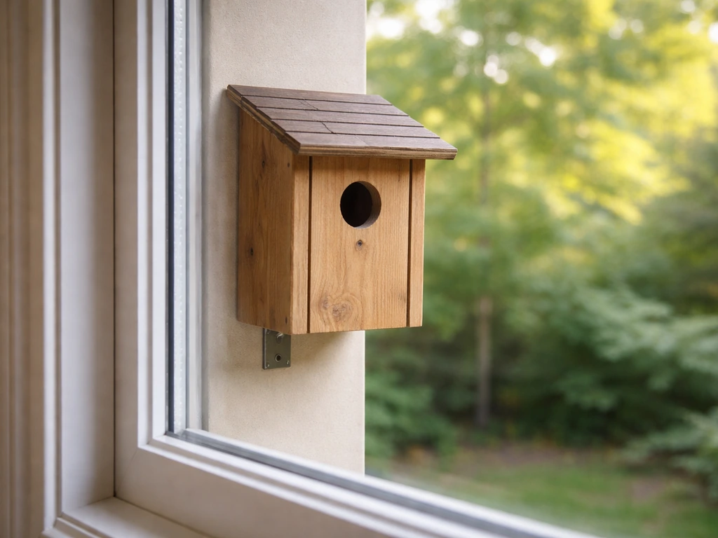 A small wooden bird nest box mounted beside a window, designed for close observation without disturbance.