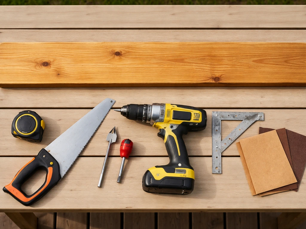 One cedar board on a worktable with a tape measure, saw, drill, bits, square, and sandpaper nearby.