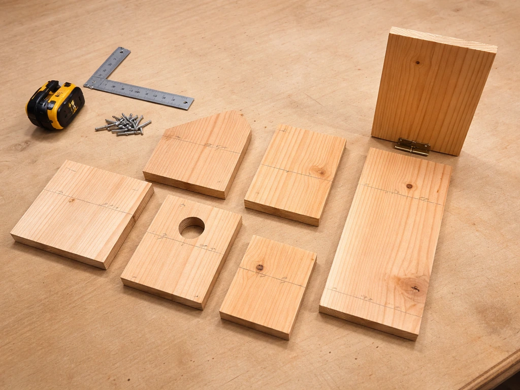 Carpentry bench with small cut wood panels for a birdhouse layout and pencil markings