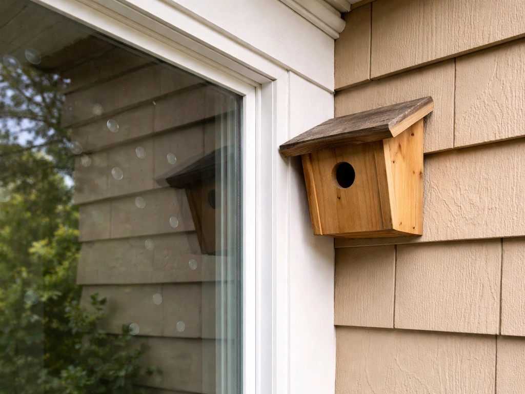 Wooden birdhouse mounted near a window with bird-safe markers reducing collision reflections.