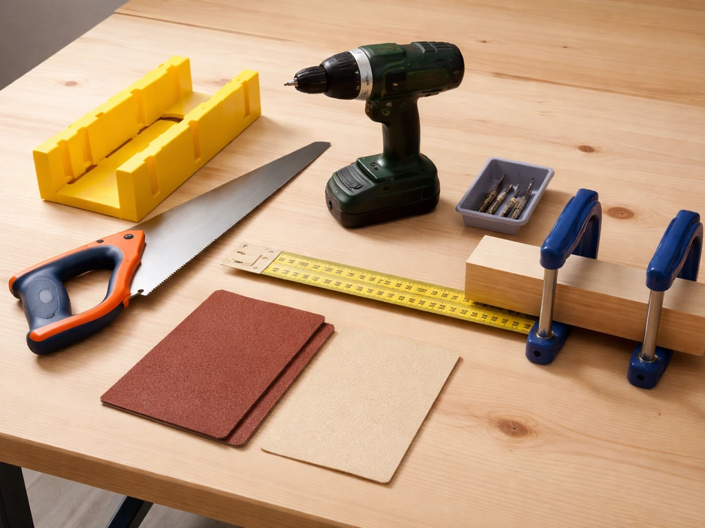 DIY tools laid out neatly: saw, drill bits, sanding papers, tape measure, and clamps on a workbench.
