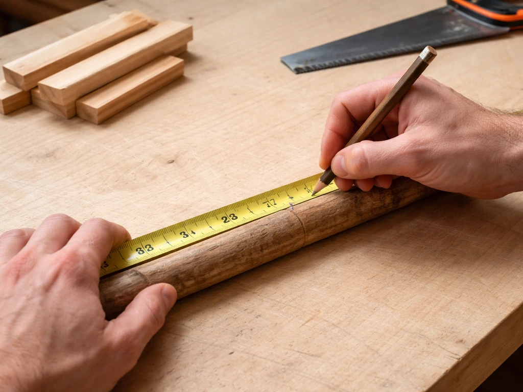 Hands measure a straight wooden perch rod on a workbench with a visible cut line mark.