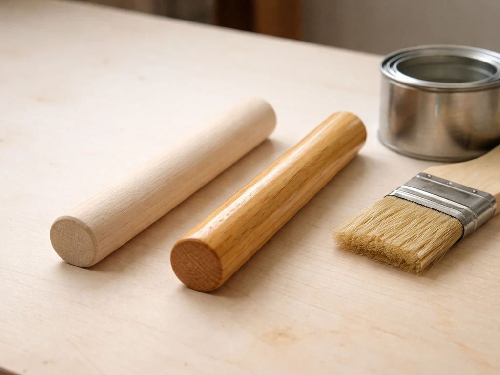 Two sanded wood perch pieces on a workbench: one raw matte, one lightly finished glossy, with a brush nearby.