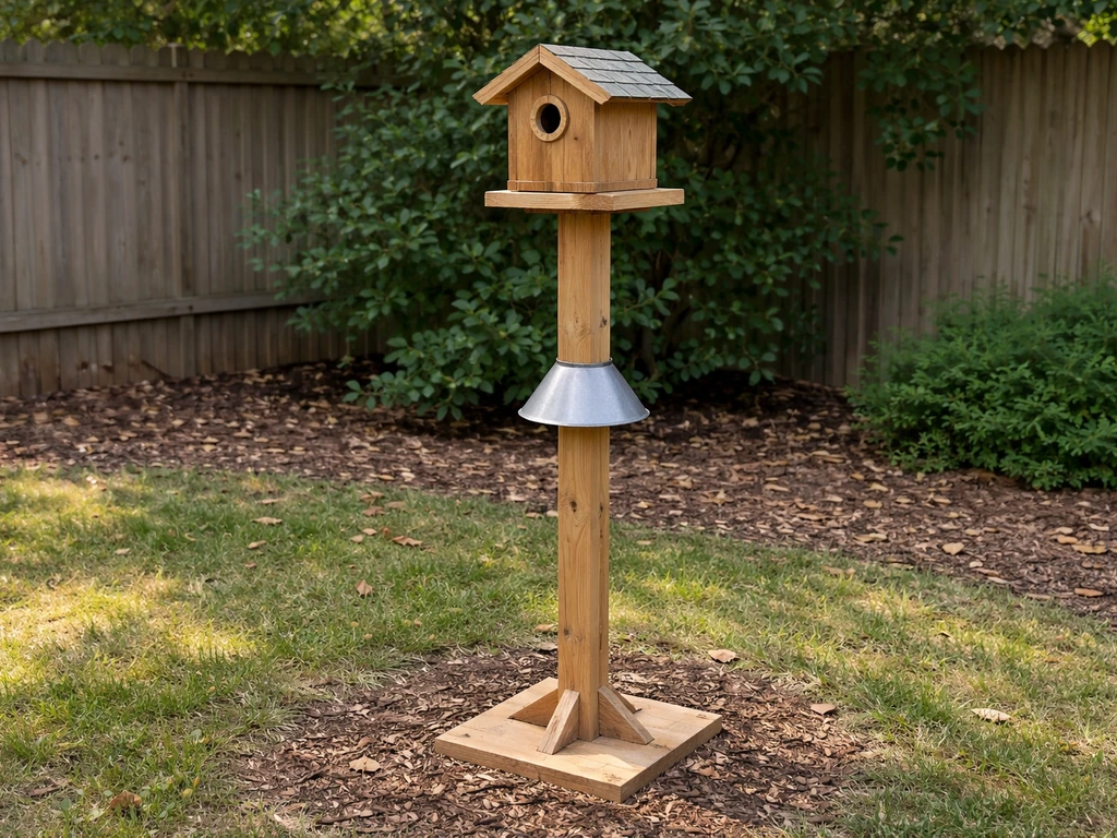 Sturdy outdoor wooden birdhouse stand with level mounted birdhouse and protective overhang at correct height.