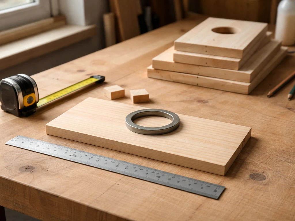 Woodworking bench with birdhouse floor panel, measuring tape, and entrance hole template for sizing reference.