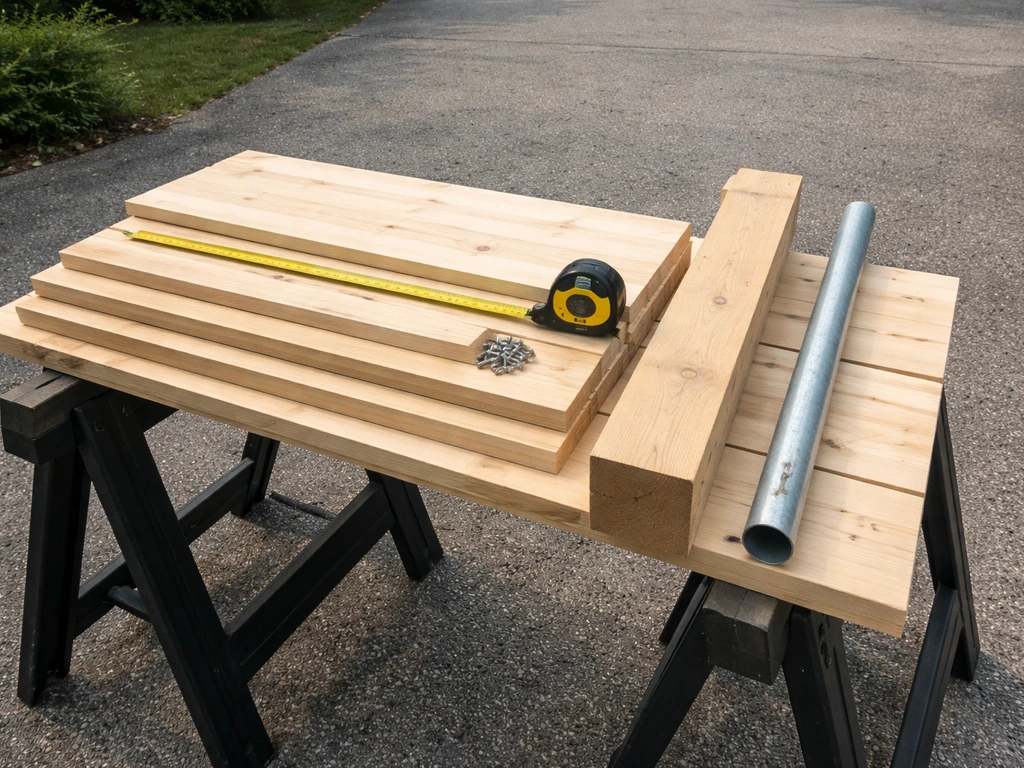 Untreated cedar/pine panels, a 4x4 wooden post, and a tape measure laid out on sawhorses in a driveway.