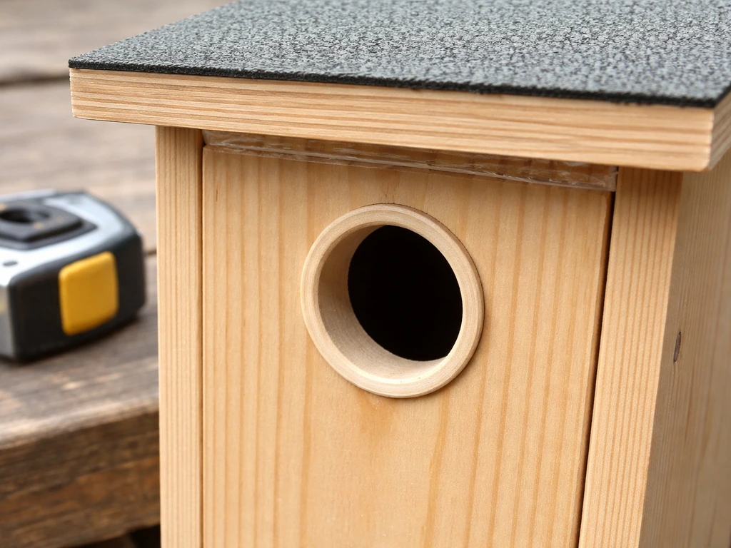 Close-up of a wooden birdhouse entrance hole with smooth edges and a forward-sloped roof overhang for water-shedding.