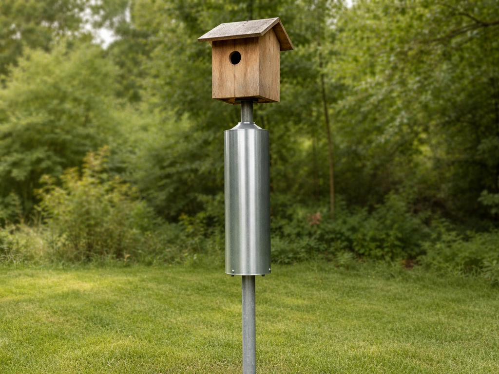 Pole-mounted birdhouse showing a installed galvanized stovepipe predator guard cylinder around the post.