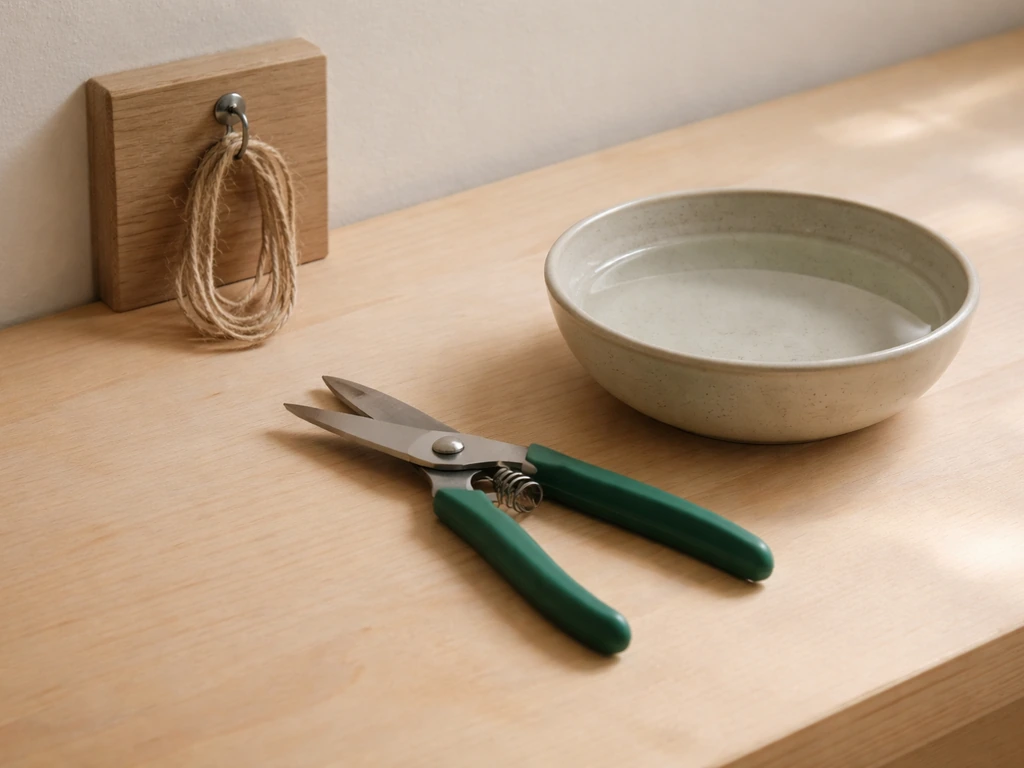 Garden snips, shallow bowl of water, and a small hanging hook with twine for nest-making tools